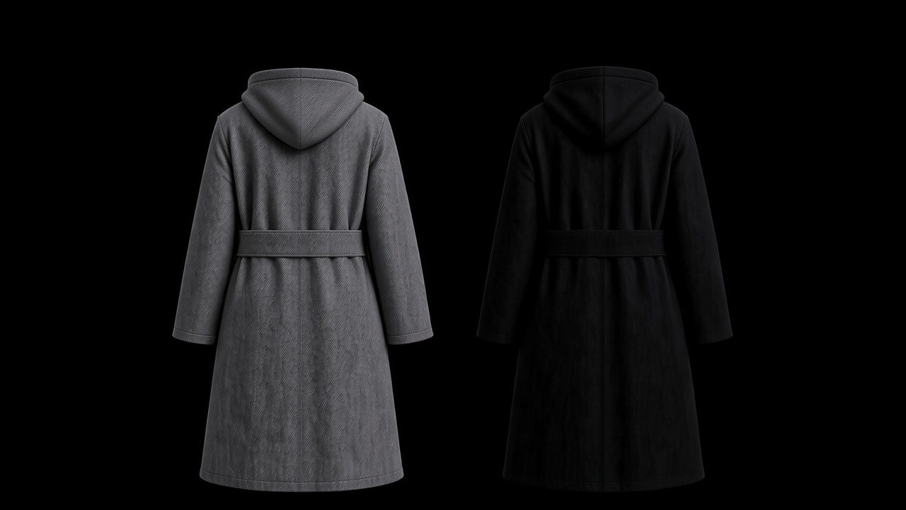 The same hooded coat from the back, in gray denim and in black. The hood sits lower, one piece, no center seam. Shoulders a little broader. One wide belt strip from hip to hip.