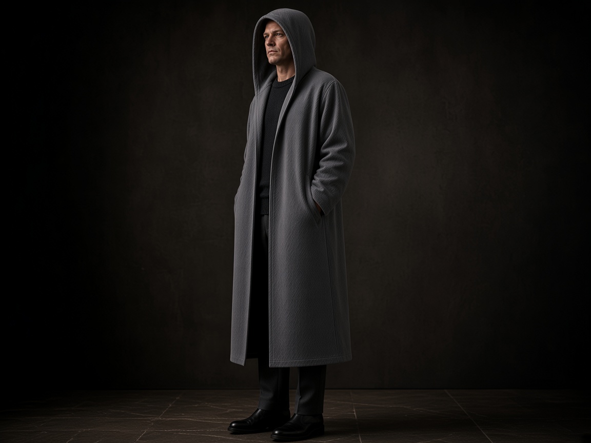 Three-quarter view of the gray denim robe. It hangs open from the hood with no closure. The belt stops at the side seam. The pockets are hidden in the side seams.