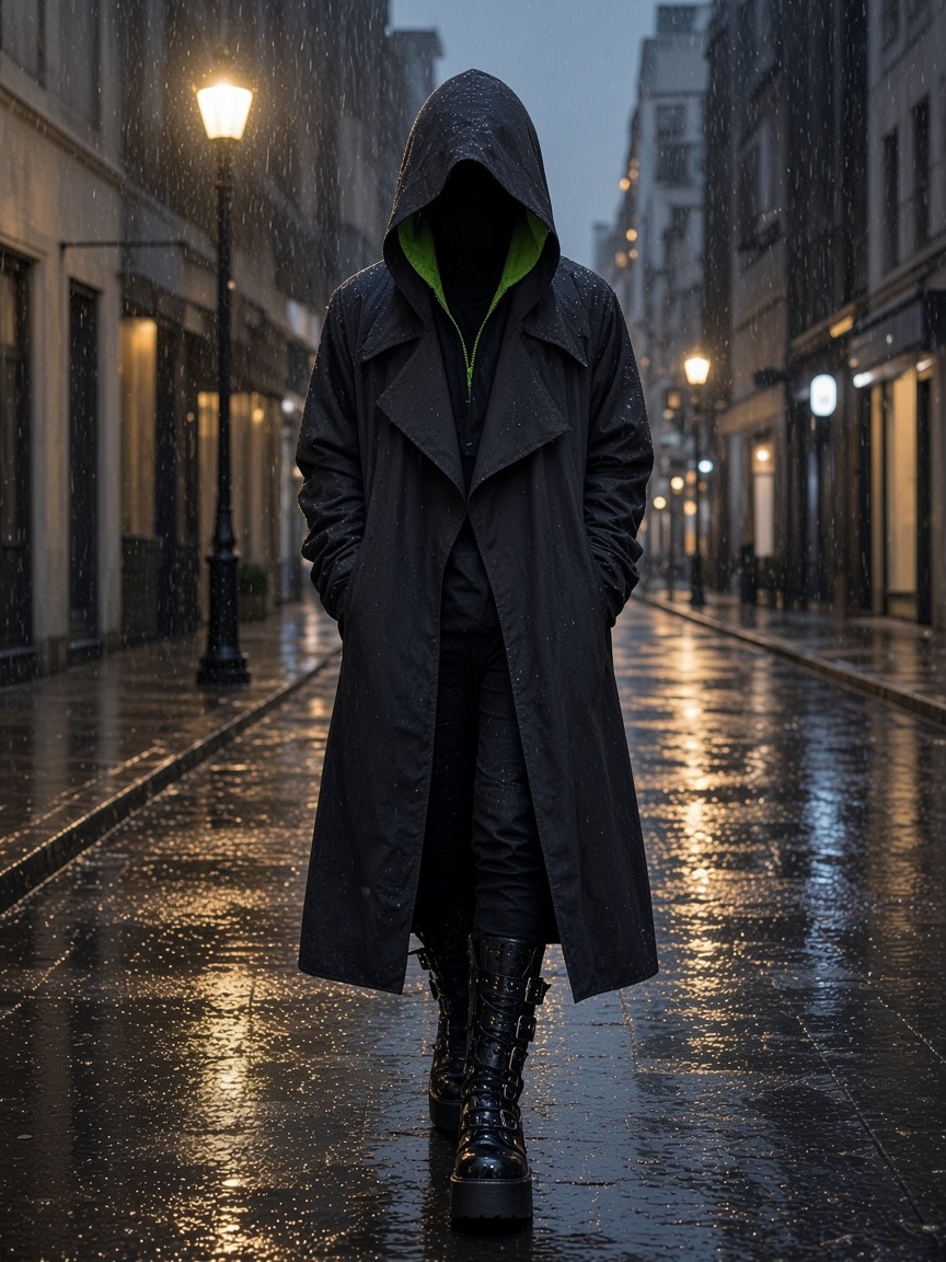 The black hooded coat worn in the rain, hood up, hands in the pockets.
