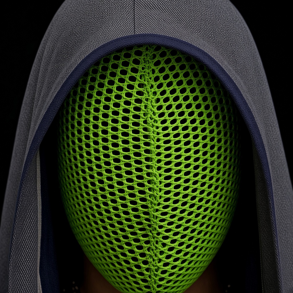 Close view of the green mesh mask, a separate Unavailable piece worn over the face.