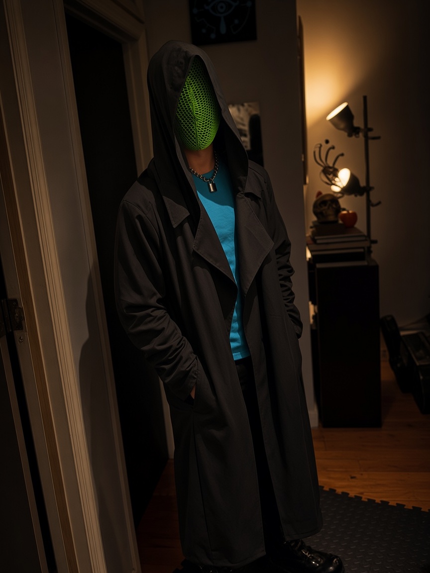 Black hooded coat worn open. A separate green mesh mask covers the face.